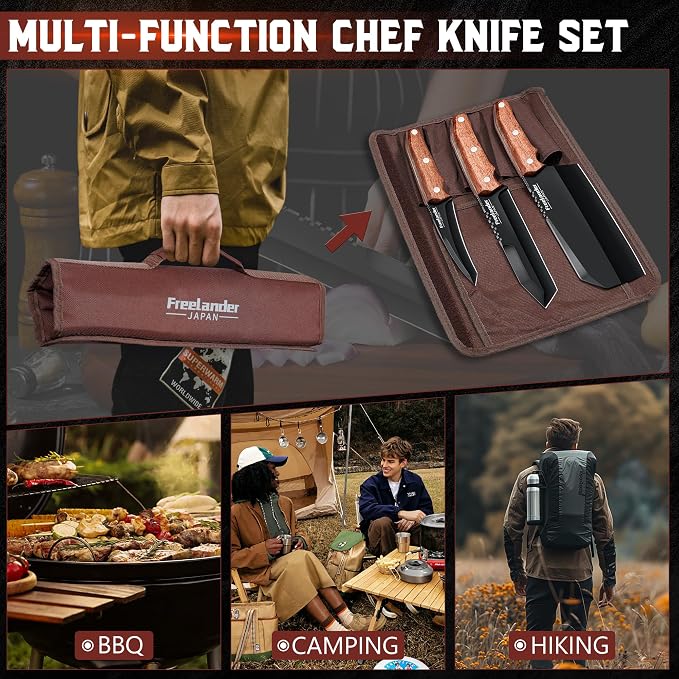 Freelander Butcher Knife Set 3 PCS, Japanese Chef Knife Set with Roll Bag, Full Tang Meat Cleaver for Kitchen & Camping & BBQ, Gift for Men