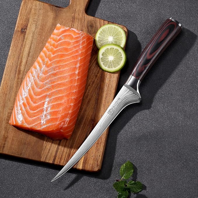 PAUDIN Fillet Knife 7 Inch, Super Sharp Boning Knife, High Carbon German Steel, Professional Fish Knives for Meat Cutting, Ergonomic Pakkawood Handle and Sheath, Gift Box