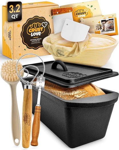 CRUSTLOVE Rectangular Cast Iron Dutch Oven for Bread Baking - incl. Sourdough Bread-Baking Supplies - 3.2QT Bread-Pan for Homemade-Bread, Sour dough Bread-Pans with Lid, Bread-Oven, Bread-Baking-Pan