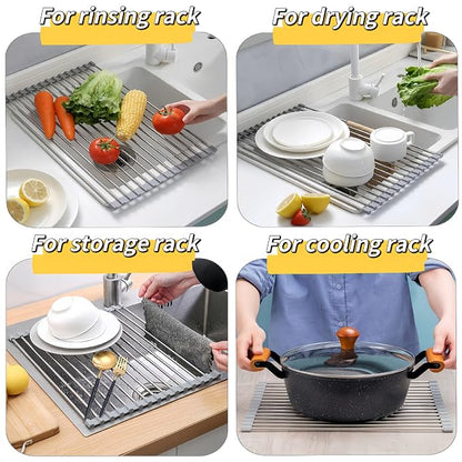 Roll Up Dish Drying Rack 21.3" x 15.8" Over The Sink Dish Drying Rack, Kitchen Dish Rack Stainless Steel Dish Drying Rack for Kitchen Sink Counter Storage (Grey)