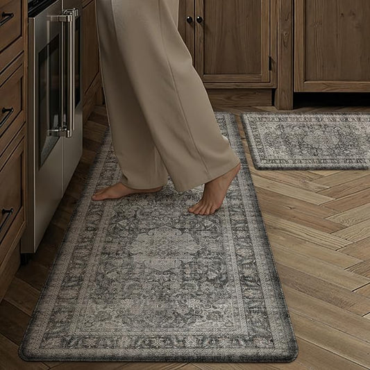 WondRgVintage Kitchen Mats for Floor Anti Fatigue Waterproof Kitchen Rugs Sets of 2 Black Grey Cushioned Non-Slip Kitchen Mats Comfort Standing Mat for Sink Laundry Office 17.3"×47"+17.3"×30"