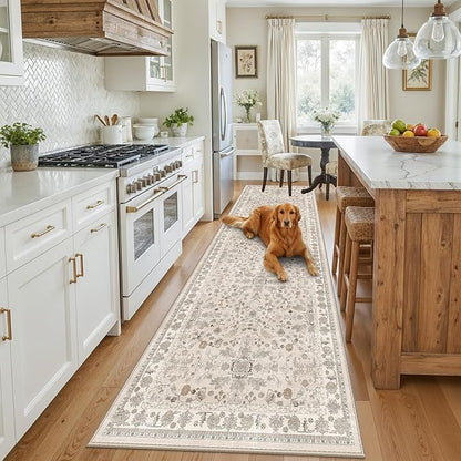 3x10ft Hallway Runner Rug Non-Slip Washable – Soft Long Carpet Runner for Kitchen Indoor Entryway,Boho Floral Low Pile Thin Wide Rug Runner with Rubber Backing (Beige,3x10)