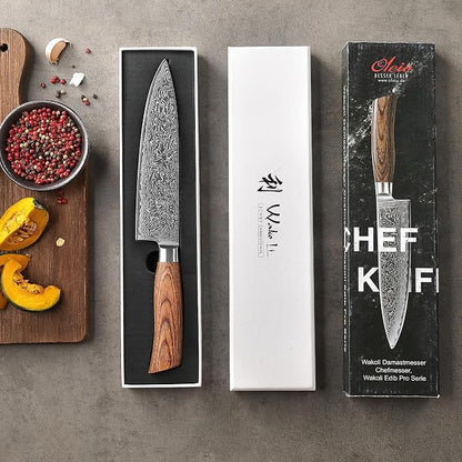 Wakoli EDIB Pro Damascus Chef Knife – Japanese Style Kitchen Knife | 7.9-Inch Genuine Damascus Steel Blade with VG10 Core | Ergonomic Pakkawood Handle | Professional Cooking Tool