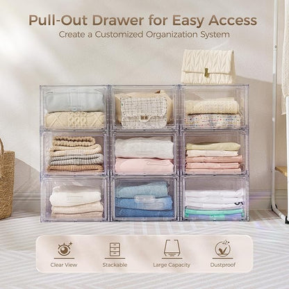 Vtopmart 9 Pack Clear Stackable Storage Drawers 15QT,Easily Assemble Closet Organizers,Plastic Storage Bins for Bathroom,Cabinet,Kitchen Pantry,Under Sink Organization(Medium)