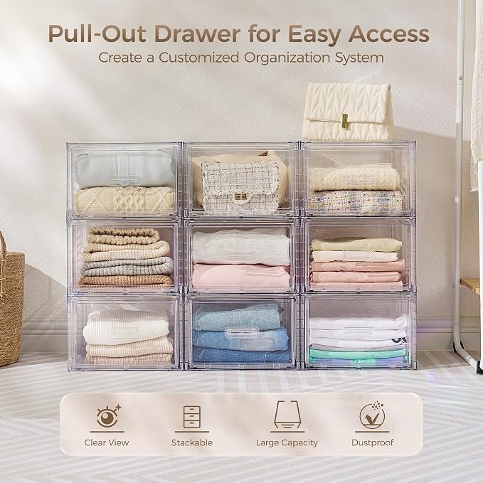Vtopmart 2 Pack Clear Stackable Storage Drawers 15QT, Easily Assemble Closet Organizers,Plastic Storage Bins for Bathroom,Cabinet,Kitchen Pantry,Under Sink Organization(Medium)