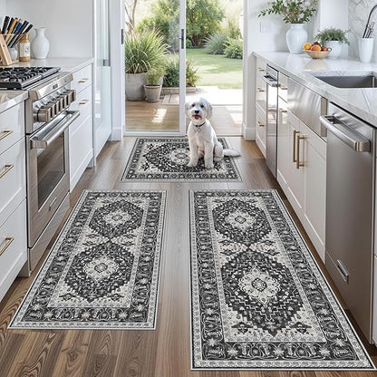 3-Piece Non-Slip Machine Washable Kitchen Rug Set with Runner – Soft Low Pile Thin Boho Kitchen Rugs for Hardwood Floor, Sink & Entryway, Pet-Friendly (Dark Grey, 2x3,2x4,2x5)