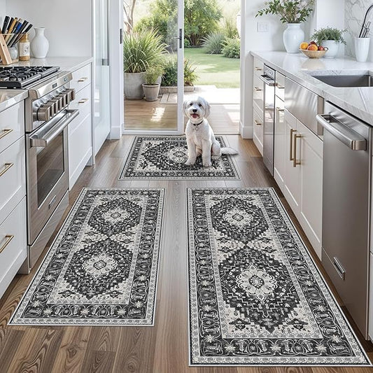 3-Piece Non-Slip Machine Washable Kitchen Rug Set with Runner – Soft Low Pile Thin Boho Kitchen Rugs for Hardwood Floor, Sink & Entryway, Pet-Friendly (Dark Grey, 2x3,2x4,2x5)