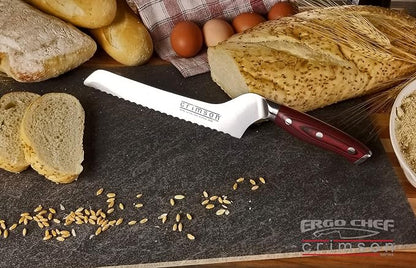 Ergo Chef Crimson Series 6 Piece Set 8-In Chef knife, 8-In Off-Set Bread Knife, 3.5-In Paring Knife, 3 Knife Covers/Edge Guards - Forged German Stainless Steel - Durable G10 Handless