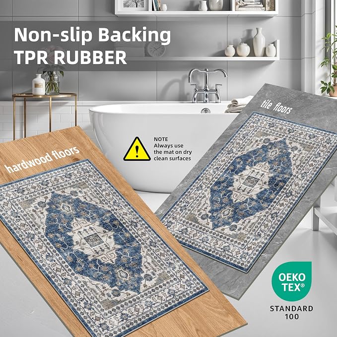 Washable 4-Piece Kitchen Floor Mats: Farmhouse Non-Slip Kitchen Sink Rug Easy Clean Water-Resistant Runners for Hallway Bathroom Soft Decorative Carpet for Pet Feeding Area(2x3+2x4+2x5+2x6,Blue)