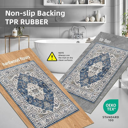 Washable 4-Piece Kitchen Floor Mats: Farmhouse Non-Slip Kitchen Sink Rug Easy Clean Water-Resistant Runners for Hallway Bathroom Soft Decorative Carpet for Pet Feeding Area(2x3+2x4+2x5+2x6,Blue)