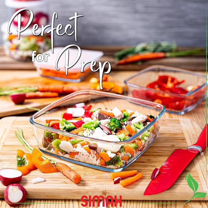 SIMAX Square Glass Food Storage Containers With Lids: Meal Prep Container Glass - Made with Borosilicate Glass - Set of 3 Glass Food Prep Containers With Lids Airtight - Small, Medium And Large