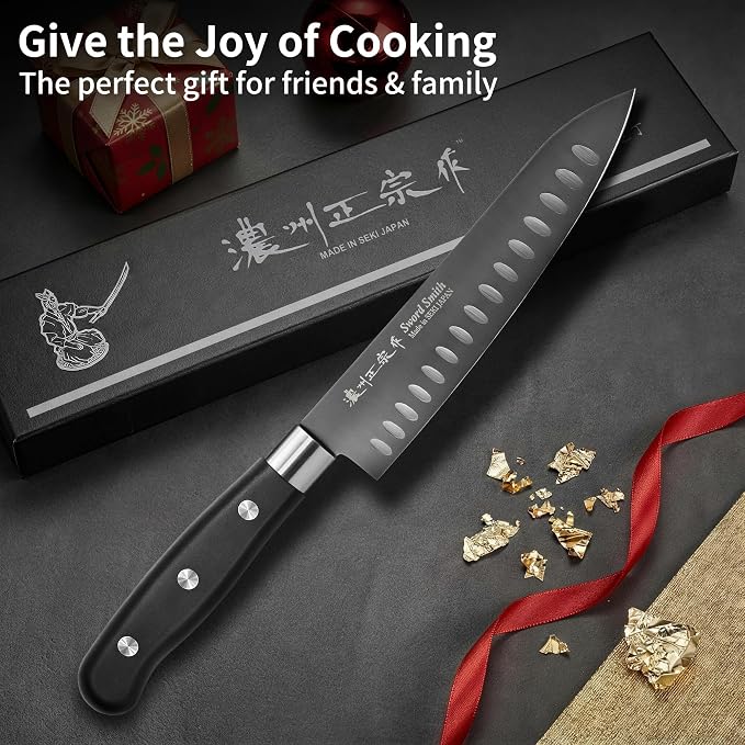 7 Inch Japanese Chef Knife, Made in Japan, High Carbon Molybdenum Stainless Steel Gyuto Knife with Granton Edge Titanium Coated Blade, Kitchen Knife for Slicing Meat