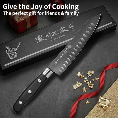 7 Inch Japanese Chef Knife, Made in Japan, High Carbon Molybdenum Stainless Steel Gyuto Knife with Granton Edge Titanium Coated Blade, Kitchen Knife for Slicing Meat