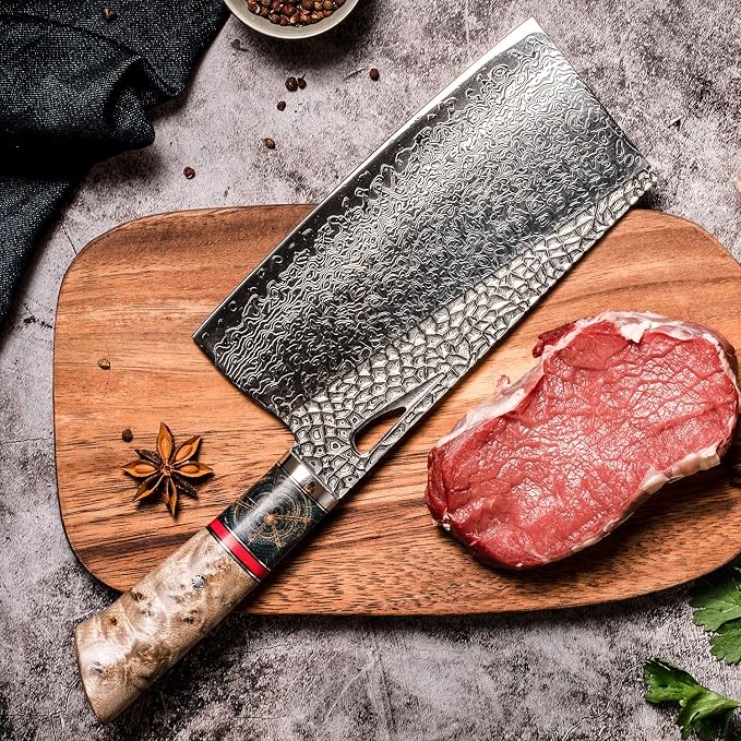 Damascus Kitchen Chinese Cleaver,7.5in Professional Handmade Chopping Chopper Knives with Burl Stabilized Wood Handle for Meat and Vegetable in Home&Restaurant