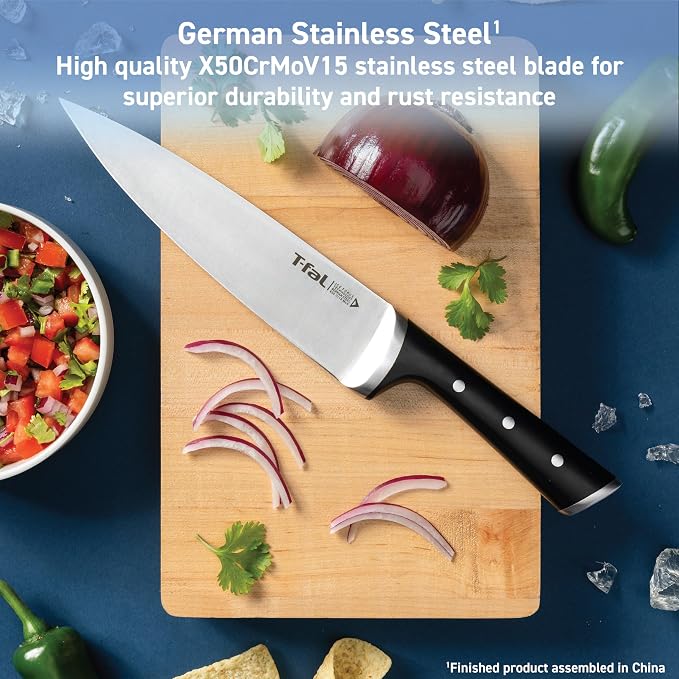 T-Fal Ice Force German Stainless Steel Santoku Knife, Utility knife 2 Piece, Long Lasting Sharpness, High Cutting Precision, Superior Durability, Ultra Sharp, Cookware Kitchen Knife, Cook Tool, Black