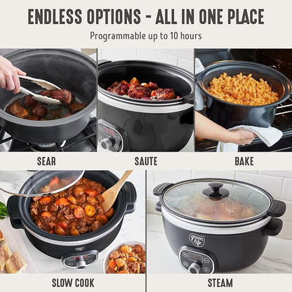GreenLife 6QT Slow Cooker, Non-Toxic PFAS-Free Ceramic Nonstick Removable Interior Bowl, Programmable, Family Friendly, Keep Warm, Stovetop & Oven Safe, Dishwasher Safe Crock, Timer, Glass Lid, Black