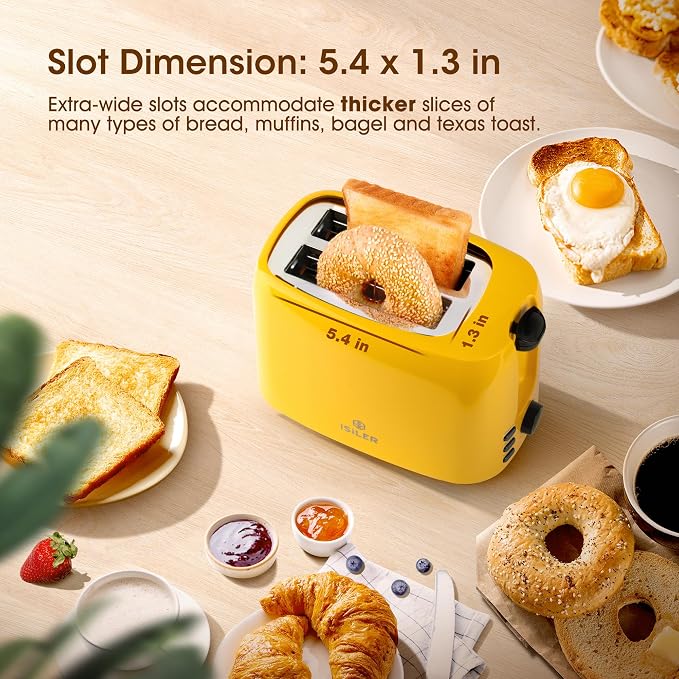 Yellow 2-Slice Toaster for Bread & Bagel, 7 Adjustable Browning Shades | 1.3in Extra Wide Slots, 750W Even Double-Side Toasting, Defrost Reheat Cancel Modes, Removable Crumb Tray & Cord Storage