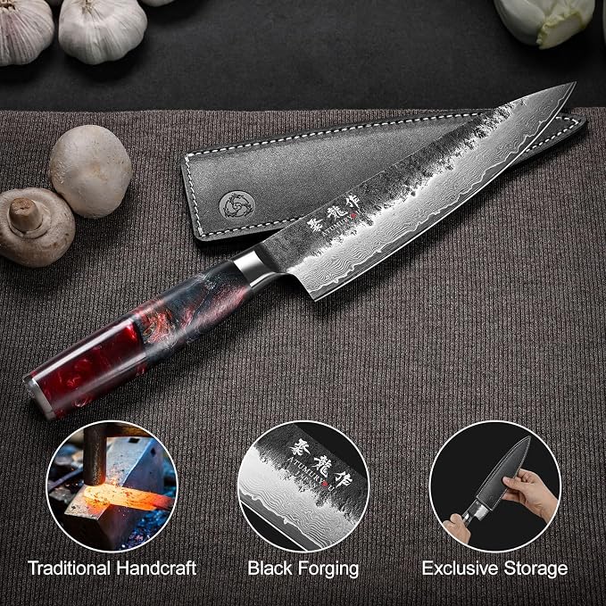 Japanese Chef Knife, 8 Inch VG10 Damascus Kitchen Knife, Professional Black Forged Kitchen Knives with Red Ergonomic Handle, Leather Sheath & Luxury Gift box, Perfect Birthday Gifts for Women Mom
