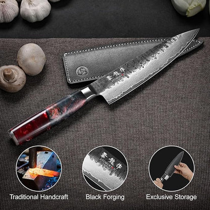 Japanese Chef Knife, 8 Inch VG10 Damascus Kitchen Knife, Professional Black Forged Kitchen Knives with Red Ergonomic Handle, Leather Sheath & Luxury Gift box, Perfect Birthday Gifts for Women Mom