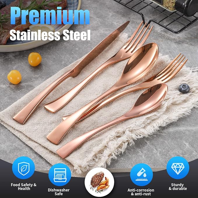 Lemeya 20-Pieces Rose gold Silverware Set for 4,Heavy Duty 18/10 Stainless Steel Flatware Set with Forged Stand Knives,Modern Cutlery Utensil Set,Mirror Polished,Dishwasher Safe