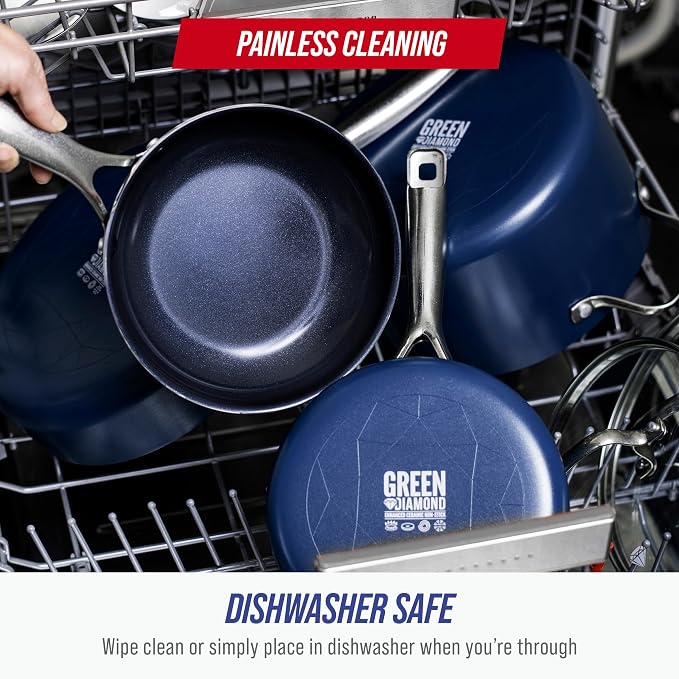 Blue Diamond 9.5” and 11" Frying Pan Skillet Set, Diamond Infused PFAS & PFOA-Free Ceramic Nonstick Pots & Pans, Durable Non Toxic Metal Utensil Safe & Scratch Resistant, Dishwasher & Oven Safe, Blue