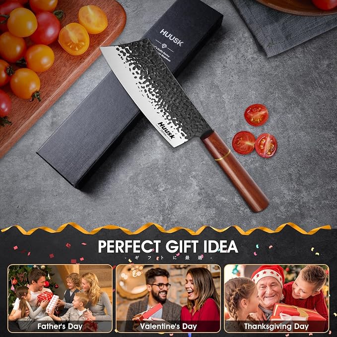 Huusk Japanese Cleaver Knife for Meat Cutting, 6.7 inch Hand Forged Chef Knife High Carbon Steel Sharp Kitchen Knives for Chopping Vegetable, Ideal Gifts for Men and Women