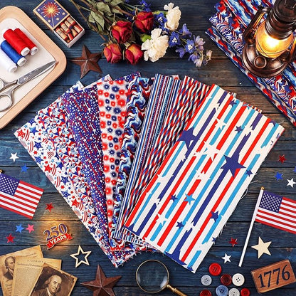 Tatuo 30 Pcs Patriotic Cotton Fabric Squares Bundle 10x10 Inch Red Blue White Precut Quilting Fabric 4th of July 30 Designs Star Stripe Fabrics for 250 Anniversary Sewing, Patchwork, DIY Crafts