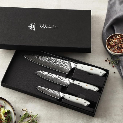 Wakoli Pearl Blanche Damascus Kitchen Knife Set, 3-Piece Professional Chef Knife Set | 67-Layer Damascus Steel with VG10 Core | White G10 Handles | Gift Box