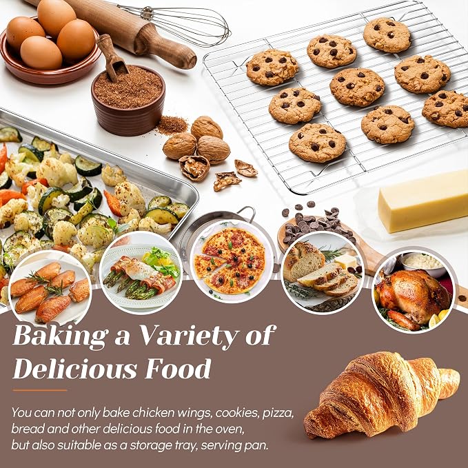 TeamFar Baking Sheet with Rack Set (2 Pans + 2 Racks), 16 x 12 x 1 Inch, Stainless Steel Baking Pan Cookie Sheet with Cooling Rack for baking, Non Toxic & Healthy, Easy Clean & Dishwasher Safe