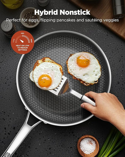 Non Stick Frying Pans, 12-inch with Lid, Nonstick Hybrid Fajita Pans, Stainless Steel Skillets, Dishwasher & Oven-Safe, PFOA Free Cookware, Induction Compatible Cooking Pan