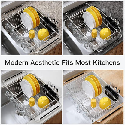 JASIWAY Sink Dish Drying Rack with Drainboard, Expandable Stainless Steel Dish Drainers for Kitchen Counter, Space Saving Dish Dryer Rack, Over The Sink Dish Racks with Utensil Holder, Silver