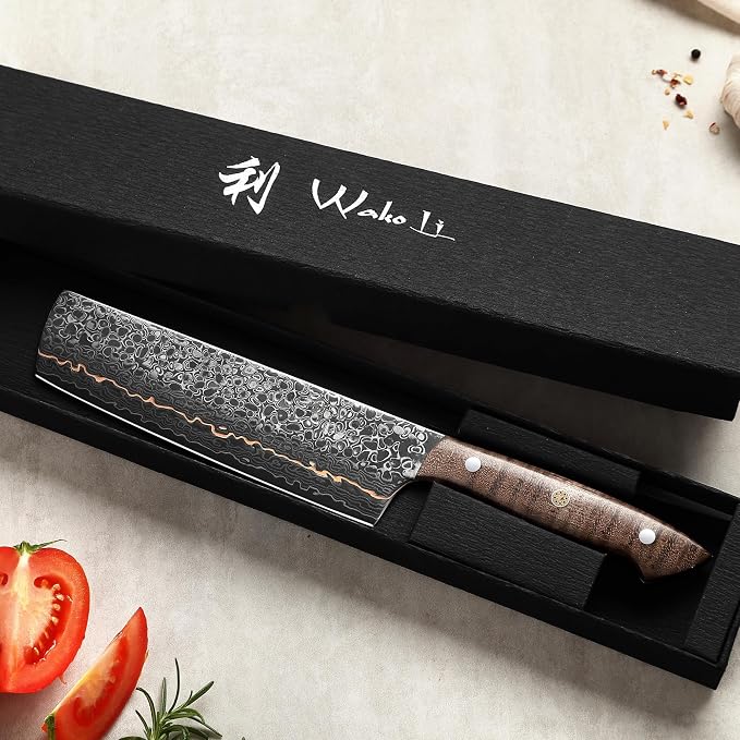 Wakoli Kawa Nakiri Knife, 7.1-Inch Blade Damascus Chef Knife | 67-Layer Damascus Steel with VG10 Core | Copper Inlay | Maple Stabilized Wood Handle | Professional Kitchen Knife