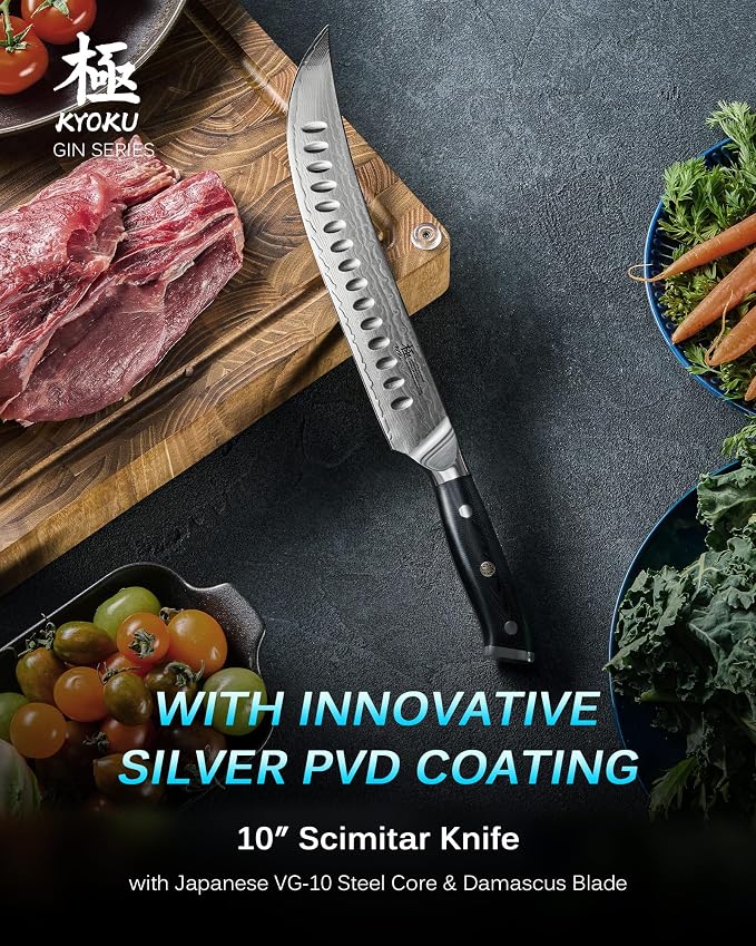 KYOKU 10" Damascus Carving Knife for Meat Cutting,UPGRADED Cimitar Breaking Knife with Silver PVD Coating for Professional Home Chefs,Sharp Japanese Style VG10 Stainless Steel Meat Butcher Knife