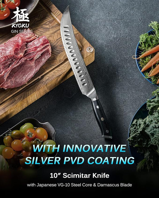 KYOKU 10" Damascus Carving Knife for Meat Cutting,UPGRADED Cimitar Breaking Knife with Silver PVD Coating for Professional Home Chefs,Sharp Japanese Style VG10 Stainless Steel Meat Butcher Knife
