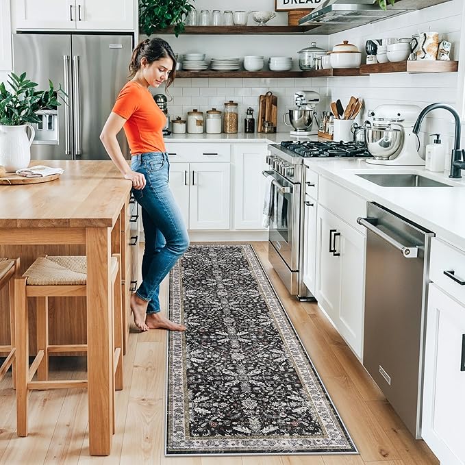 2x8ft Kitchen Rug Runners Washable Non Slip – Boho Floral Carpet Runner for Hallway, Bathroom, Bedroom, Entryway – Soft Low-Pile Thin Long Kitchen Floor Rug (Black, 2x8)