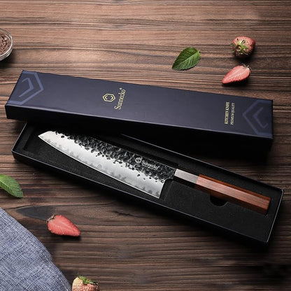Sunnecko 8 Inch Chef Knife Japanese Kitchen Knife Sharp, Gyuto Chefs Knife Carbon Steel 3-Layered 9CR18MOV, Rosewood Handle Gift Box