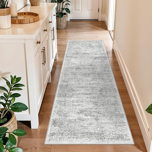 Rug Runners 2x6 Hallway Washable, Non Slip with Rubber Backing Carpet for Kitchen Bathroom Neutral Moroccan Vintage Oriental Distressed Area Rugs for Bedroom Laundry Room Entry Entryway, Grey/Ivory