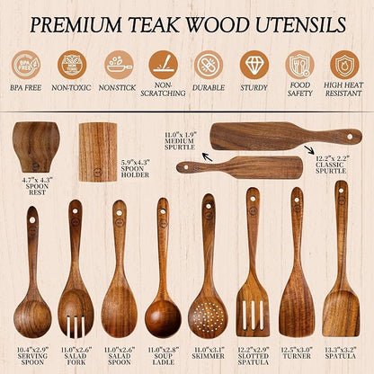 SOOMGYEOL SEOM 12-Piece Teak Wood Cooking Utensil Set | Wooden Spoons, Spurtles and Spatulas, Holder and Spoon Rest Included, Nonstick Safe Kitchen Tools