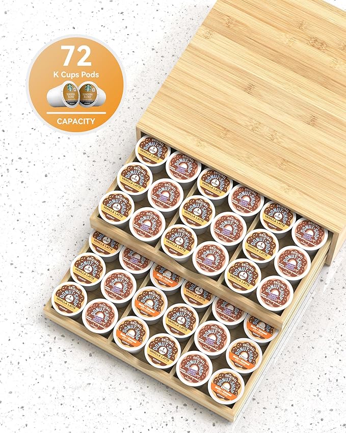 Bamboo Coffee Pod Drawer Organizer Compatible with K-Cups, Under Cabinet Coffee Station Storage Rack, Natural Wood Capsule Holder for 72 Pods, Countertop Coffee Machine Stand