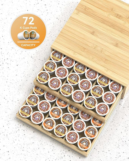 Bamboo Coffee Pod Drawer Organizer Compatible with K-Cups, Under Cabinet Coffee Station Storage Rack, Natural Wood Capsule Holder for 72 Pods, Countertop Coffee Machine Stand