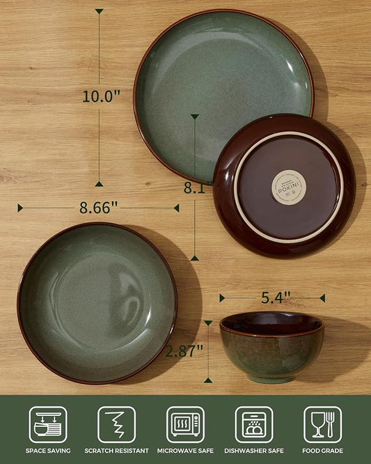 Pokini 24 Piece Double Bowl Dinnerware Sets with Pasta Bowls, Highly Chip and Crack Resistant Plates and Bowls Sets, Natural Earthyware Ceramic Dishware Sets, Service for 6 Sage Green