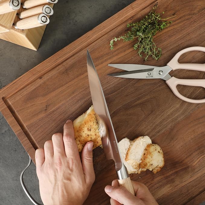 Babish High-Carbon 1.4116 German Steel 15 Piece Full Tang Forged Cutlery Kitchen Knife Block Set - Light Pakka Wood Handle