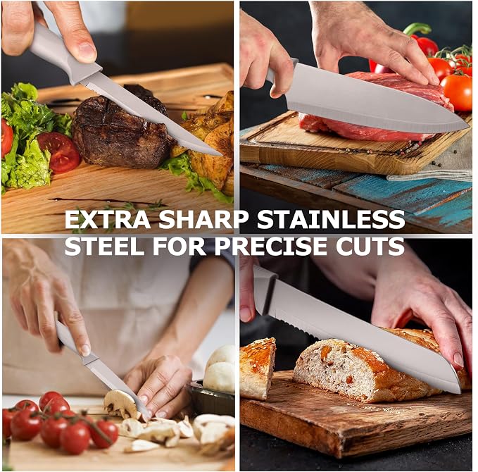 LIANYU Knife Block Set with Sharpener, 15PCS Kitchen Knife Set with Block, Razor Sharp Knives Set for Kitchen, High Carbon Stainless Steel Chef Knife Set, Anti- Rust Blade & Ergonomic Handle, Khaki