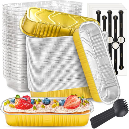 NPLUX Mini Loaf Pans with Lids and Spoons Rectangular Aluminum Foil Baking Pans Mini Cheesecake Containers 6.8oz, Graduation Gifts Party Favors(60 Pack, Gold)