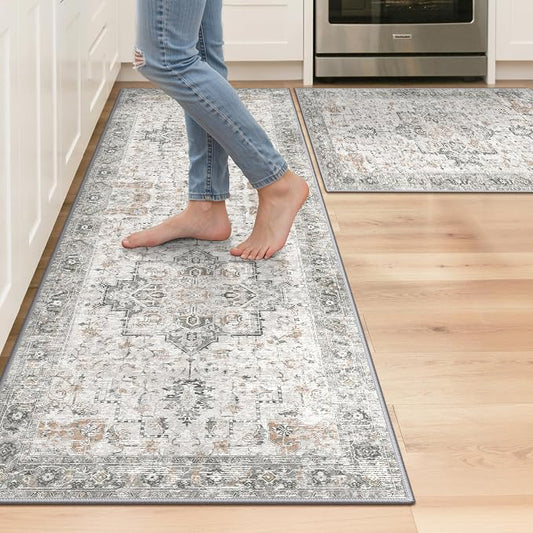GENIMO Kitchen Rugs Non Slip Washable, 2PCS Kitchen Mats for Floor, Cushioned Standing Mat, Kitchen Runner Rug Floor Mat for Kitchen Decor, Laundry, Sink, Home, 20"x32"+20"x59", Light Taupe Brown