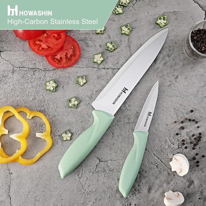 Green Knife Set, 15 Pcs Kitchen Knife Set with Block,High Carbon German Stainless Steel Knife Block Set with Magi-Grip Handle,Hand wash Safe Knives Set