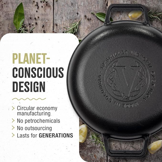 Victoria Cast Iron Round Grill Pan with Double Loop Handles, Made in Colombia, 10 Inches