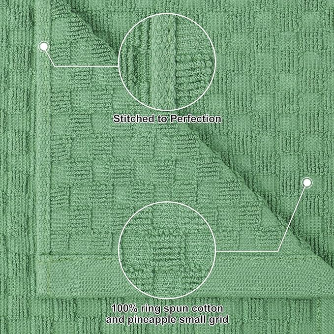 Homaxy 100% Cotton Kitchen Towels and Dishcloths Set, 12 x 12 & 15 x 25 Inches, Set of 16 Bulk Terry Cloth Dish Towels, Super Soft and Absorbent Hand Towel with Hanging Loop, Grass Green