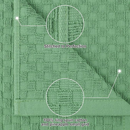Homaxy 100% Cotton Kitchen Towels and Dishcloths Set, 12 x 12 & 15 x 25 Inches, Set of 16 Bulk Terry Cloth Dish Towels, Super Soft and Absorbent Hand Towel with Hanging Loop, Grass Green
