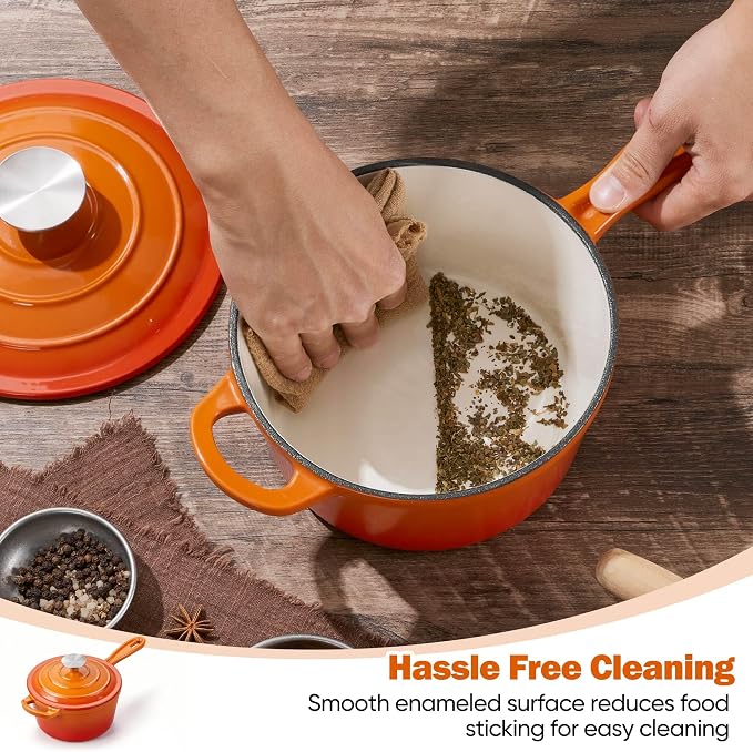 Homikit Small Cast Iron Pot, 1 QT Enameled Cast Iron Sauce Pan with Lid, Heavy Duty Enamel Dutch Oven Kitchen Cookware for Making Pasta, Boiling Soup, Warming Milk, Nonstick & Oven Safe, Flame Orange
